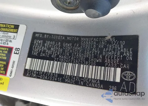 2011 Toyota Corolla Le from USA, damaged, VIN 2T1BU4EEXBC538206